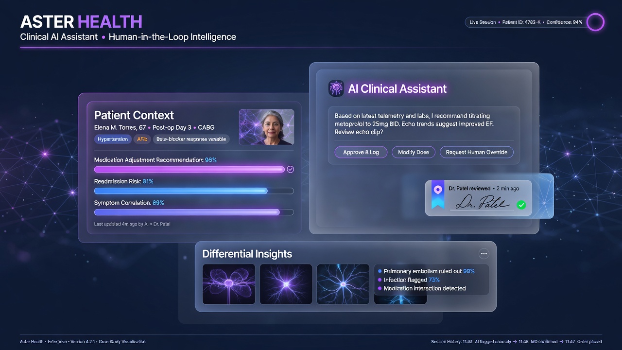 Aster Health clinical AI assistant product mockup by Nexora SG