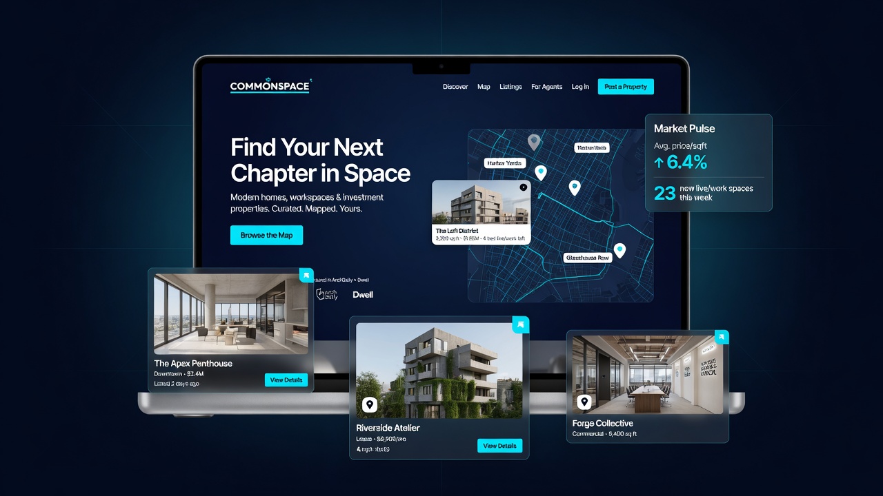 Commonspace property marketplace website mockup by Nexora SG