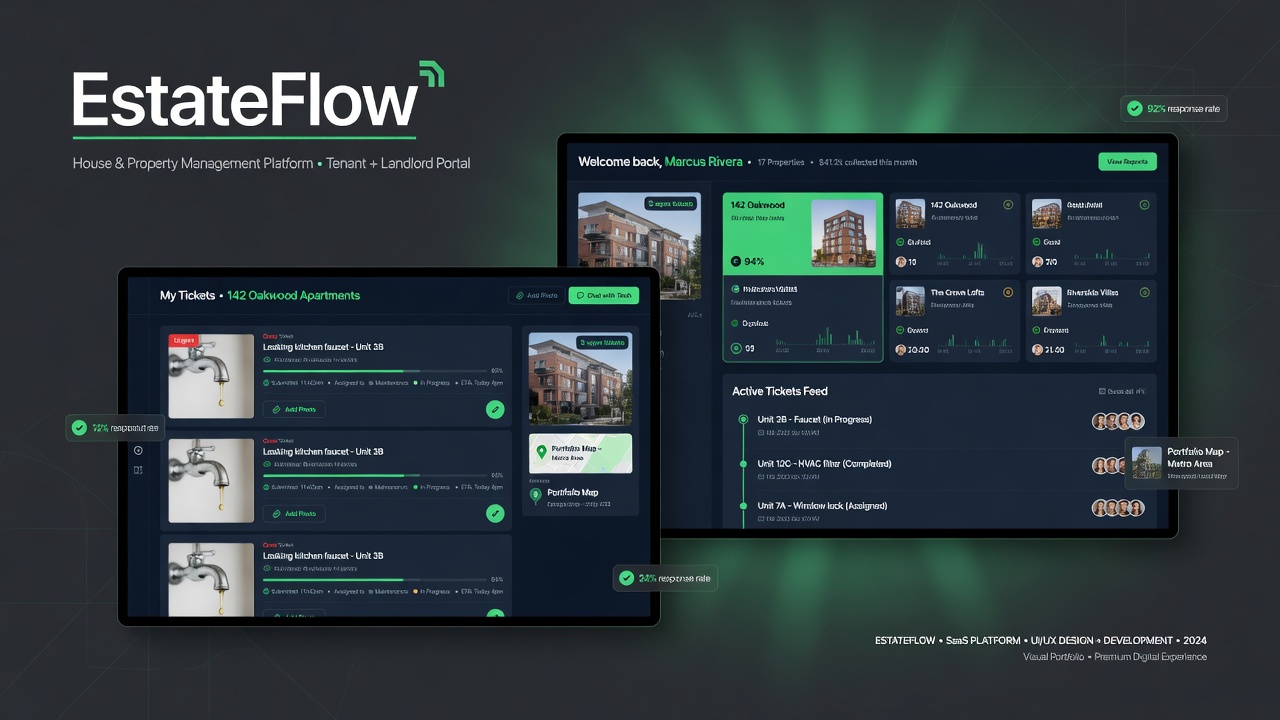 EstateFlow house management portal mockup by Nexora SG