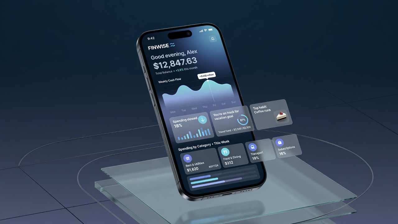 Finwise personal finance mobile app mockup by Nexora SG