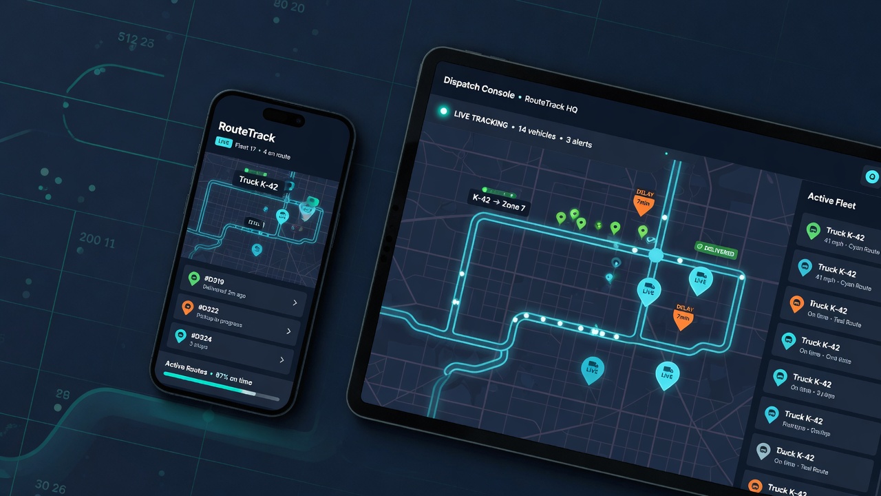 RouteTrack fleet GPS tracking app mockup by Nexora SG